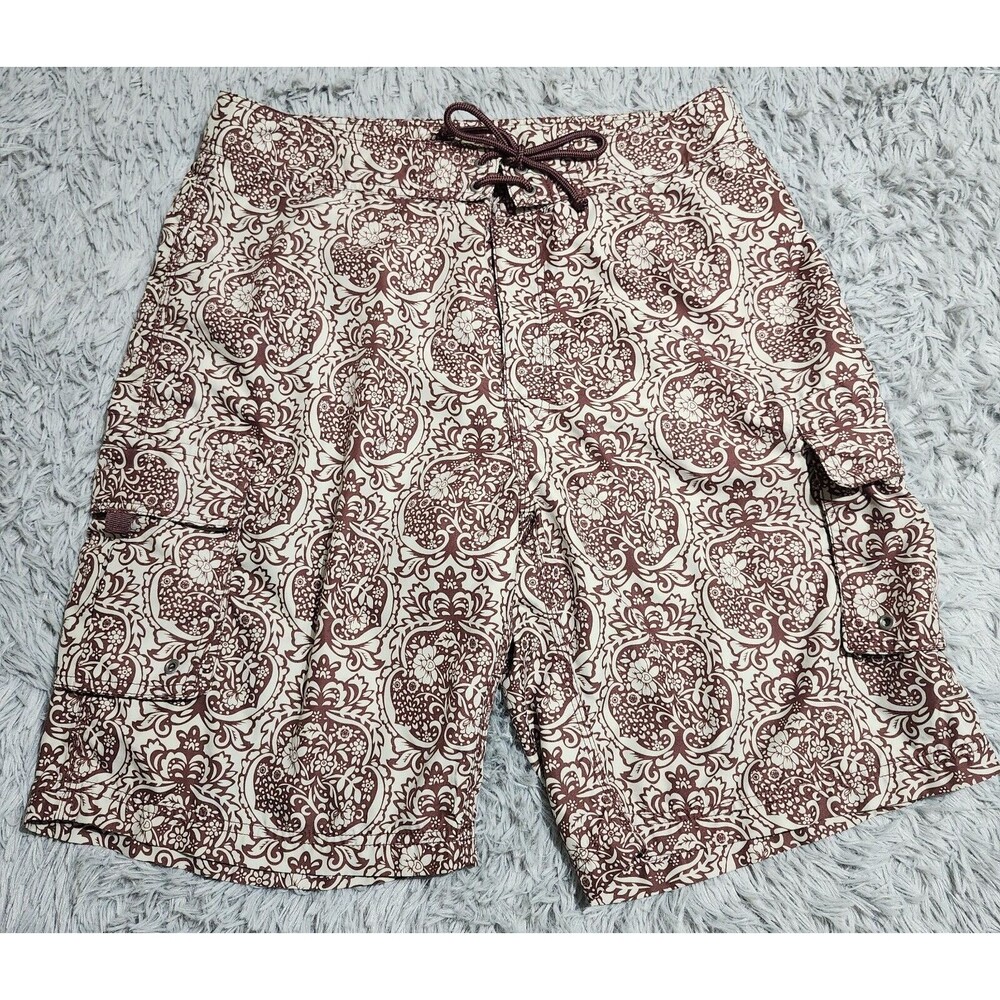 Reunion Swim‎ Trunks Shorts Mens Size Large Brown Hawaiian Print Lined Pockets